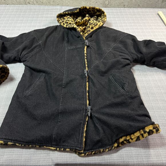 Mob Wife Faux Fur Cheetah Jacket Large Hooded Reversible to Denim Maximalist - Picture 6 of 12